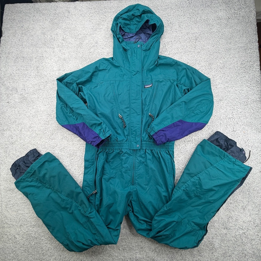 Vintage Patagonia USA One Piece Ski Suit Womens 10 Teal Purple Hooded Snowsuit